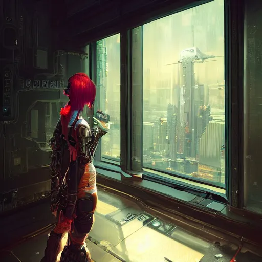 Prompt: portrait of cyberpunk woman looking out of a window, cyberpunk setting, futuristic, highly detailed, intricate lighting, digital painting, sharp focus, illustration, trending on artstation, art by marc simonetti.