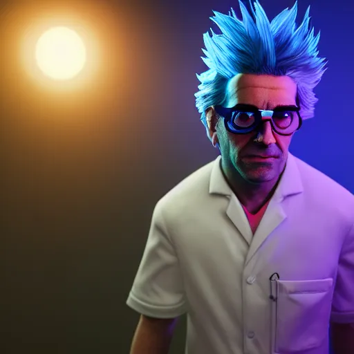 Image similar to portrait of rick sanchez, lab coat and tee shirt, lens flare, atmosphere, glow, detailed, intricate, full of colour, cinematic lighting, trending on artstation, 4 k, hyperrealistic, focused, extreme details, unreal engine 5, cinematic, masterpiece