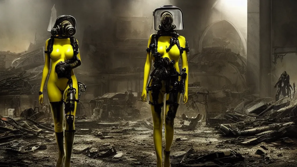 Prompt: big budget scifi movie set in postapocalyptic world with alien brainsuckers sexy female cyborg in yellow rubber and gas mask in ruins of church