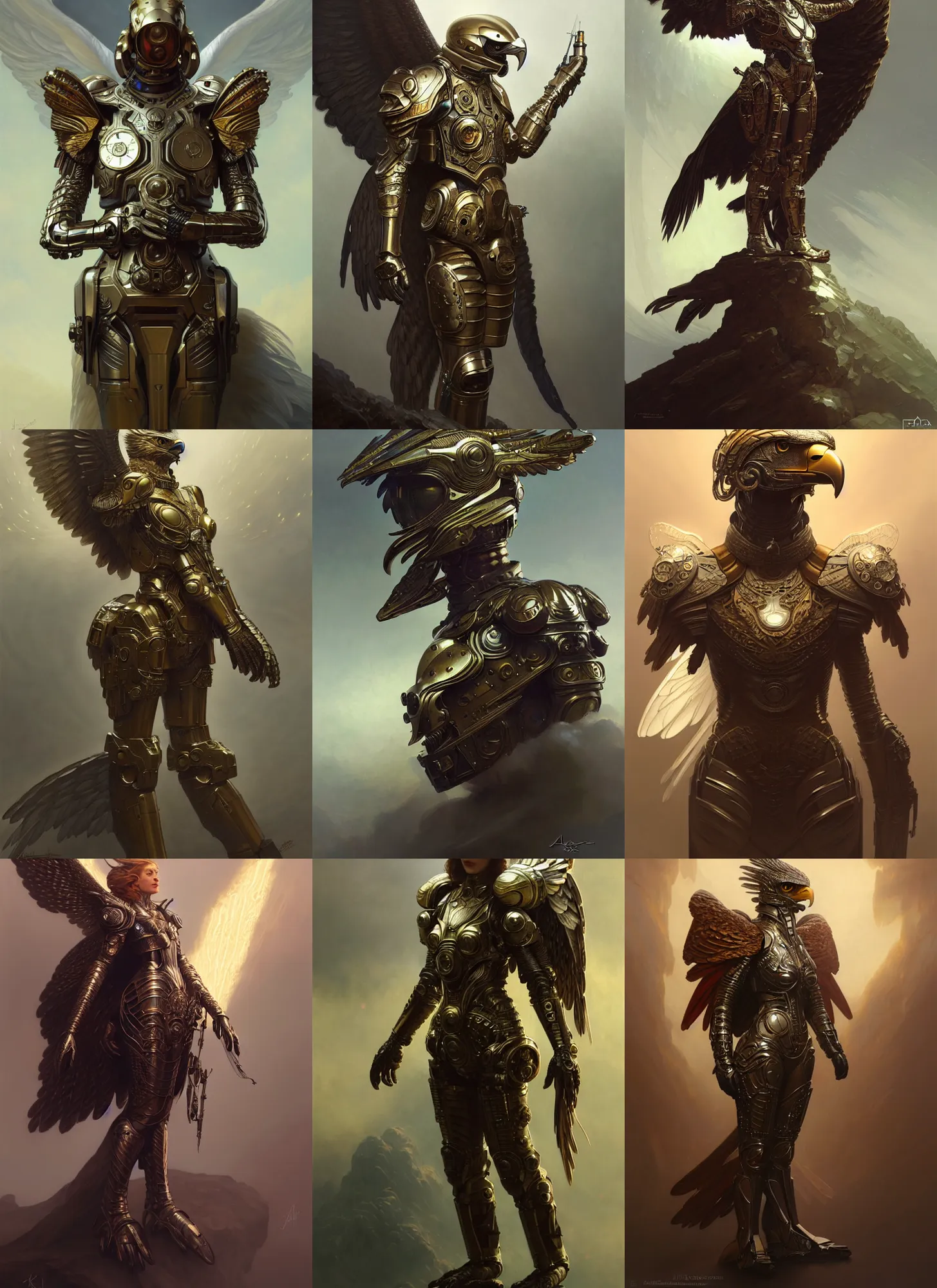 Image similar to a anthropomorphic eagle wearing scifi armor, diffuse lighting, fantasy, intricate, elegant, highly detailed, lifelike, photorealistic, digital painting, artstation, illustration, concept art, smooth, sharp focus, art by John Collier and Albert Aublet and Krenz Cushart and Artem Demura and Alphonse Mucha