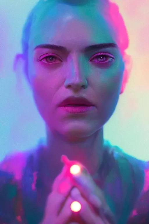 Image similar to A fancy portrait of a women with glowing colours around her by Greg Rutkowski, beeple, Sung Choi, Mitchell Mohrhauser, Maciej Kuciara, Johnson Ting, Maxim Verehin, Peter Konig, final fantasy, macro lens, 35mm, 8k photorealistic, cinematic lighting, HD, high details, dramatic, dark atmosphere, trending on artstation