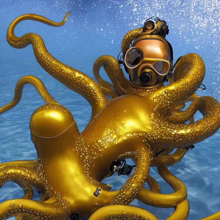 Image similar to octane render portrait by wayne barlow and carlo crivelli and glenn fabry, subject is a diver in a wet suit with goggles completely covered in giant long shiny reflective golden octopus tentacles, cinema 4 d, ray traced lighting, very short depth of field, bokeh