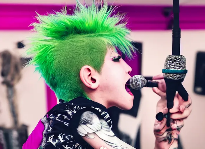 Image similar to a punk boy with pink hair and green lipstick singing karaoke with a pigeon on his shoulder