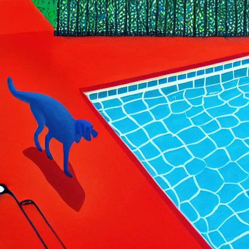 Image similar to close-up of a red dog at pool, painting by david hockney