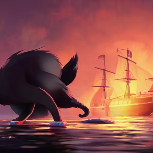 Prompt: a wholesome animation creative key shot of a black cat sailing a ship in the night, full shot, studio ghibli, pixar and disney animation, sharp, rendered in unreal engine 5, anime key art by greg rutkowski, bloom, dramatic lighting