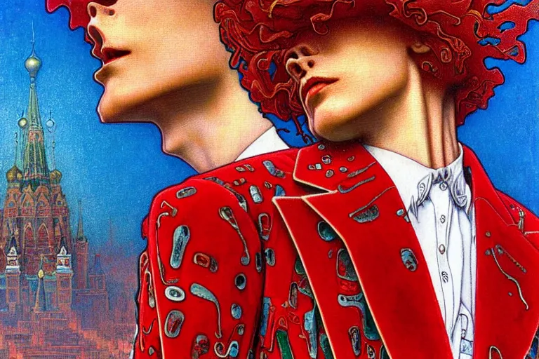 Image similar to realistic detailed closeup portrait painting of a single skeleton wearing red velvet blazer in a crowded futuristic moscow street by Jean Delville, Amano, Yves Tanguy, Alphonse Mucha, Ernst Haeckel, Edward Robert Hughes, Roger Dean, rich moody colours, blue eyes