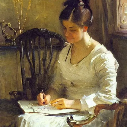 Image similar to a woman is writing a letter with a golden feather pen, by anders zorn, oil painting