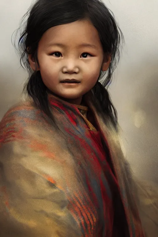 Prompt: Tibetan little girl, joyful, close-up portrait, intricate, elegant, volumetric lighting, scenery, digital painting, highly detailed, artstation, sharp focus, illustration, concept art, ruan jia, steve mccurry