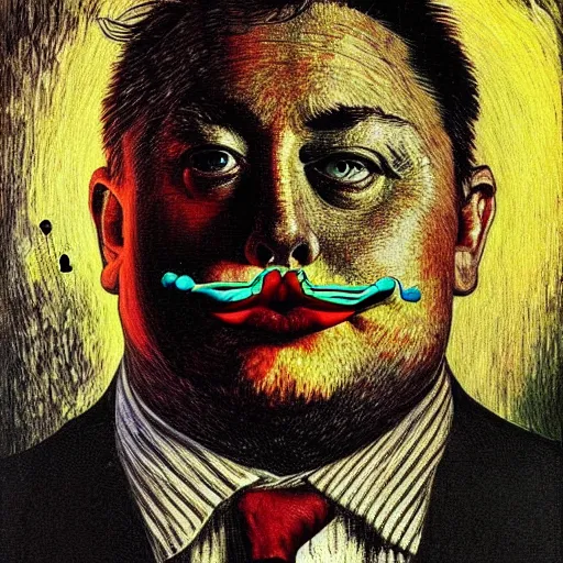 Image similar to Fat chungus Elon musk recognizes its soul in the mirror - contest-winning artwork by Salvador Dali, Beksiński, Van Gogh, Giger, and Monet. Stunning lighting