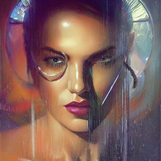 Image similar to detailed face of a woman, lush, opulent, fauna, utopian, tech noir, wet reflections, prism, atmospheric, ambient, pj crook, syd mead, livia prima, artgerm, greg rutkowski, nick alm, casey baugh