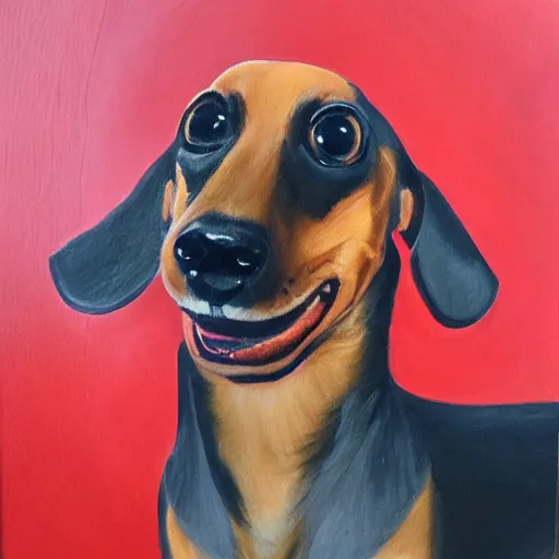 Prompt: Very happy dachshund, oil on canevas