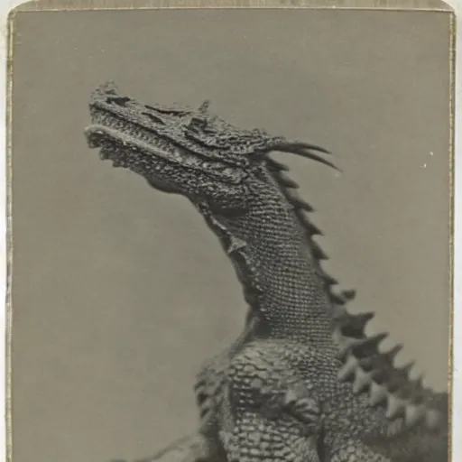 Image similar to victorian photograph of a real dragon, rutowski, highly realistic, scaly, grainy photo, very blurry, creature, faded, taken in the 1 8 8 0 s, 1 8 7 0 s, 1 8 9 0 s