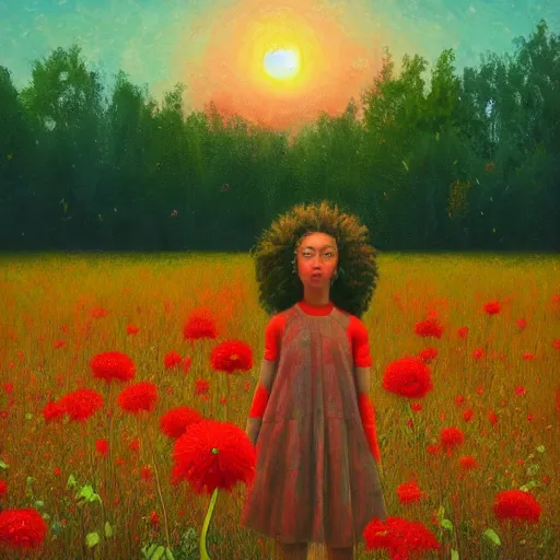 Image similar to large red flower afro, girl standing in a field with flowers, surreal photography, hills, big trees, sunrise dramatic light, impressionist painting, colorful clouds, digital painting, pointillism, artstation, simon stalenhag