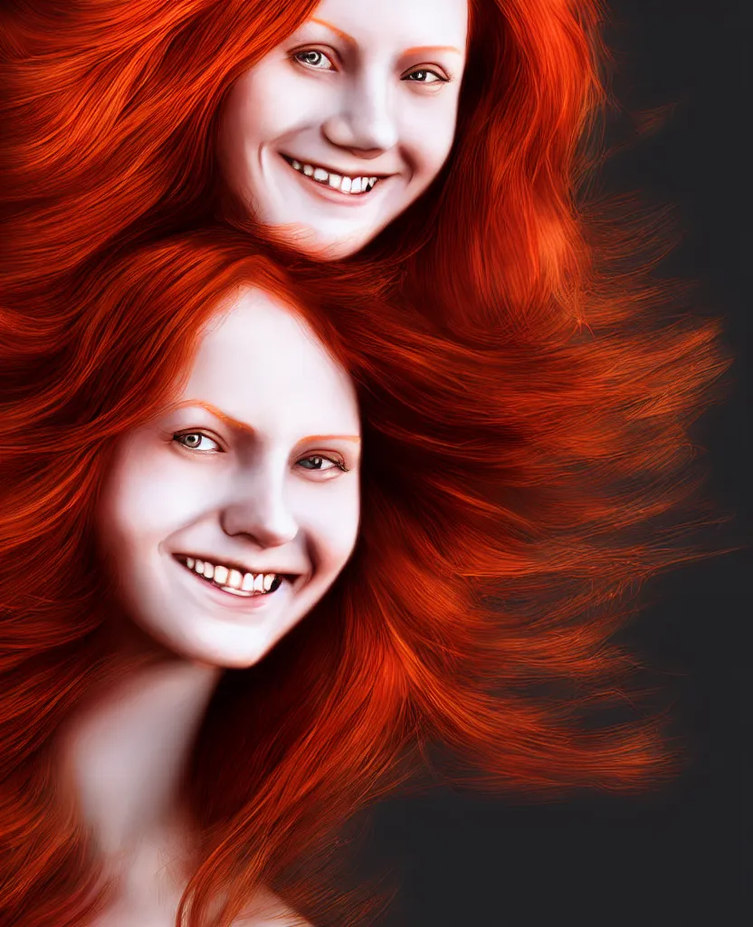 Prompt: hyper realistic illustration of a singular portrait of a smiling redhead by stjepan sejic, 5 5 mm, f / 1. 8, black background