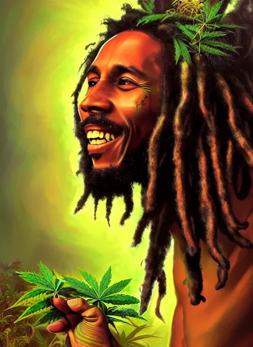 Prompt: portrait of bob marley joyous jamaican warrior with flowing dreadlocks, surrounded by cannabis flowers. afrogoth intricate digital matte painting concept art, warpaint aesthetic, colorful, psychedelic, beautifully backlit, subtle tones, sharp focus, cinematic aesthetic octane render, volumetric lighting, by edmund leighton, james jean, ross tran and artgerm