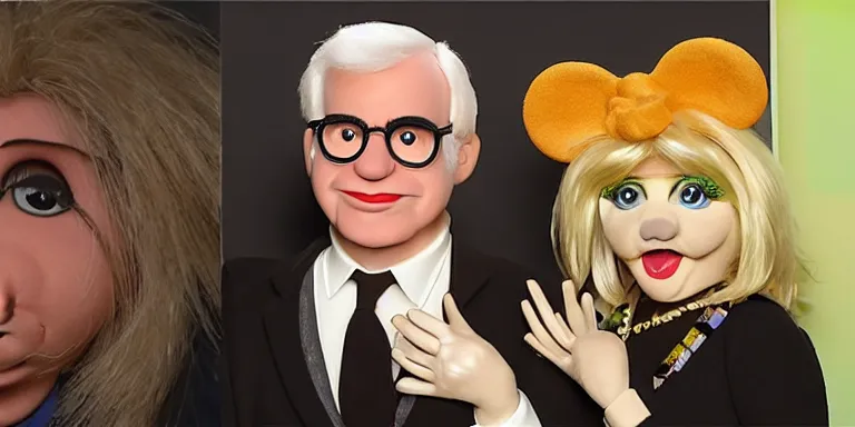 Prompt: Photoreal Cinematography of a photorealistic muppet version of Debbie Harry hosting The Muppet show, standing with with Steve Martin with a photo accurate photorealistic face