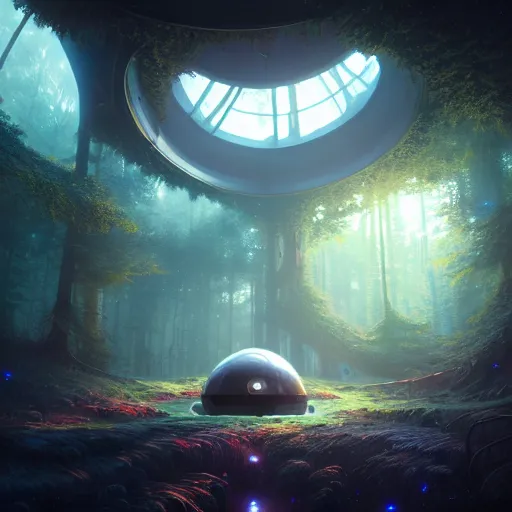 Image similar to , forest with big dome inside a spaceship, stephen bliss, misty, unreal engine, pixar, fantasy art by greg rutkowski, loish, ferdinand knab, and lois van rossdraws, global illumination, radiant light, minimalist, detailed and intricate environment