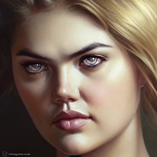 Image similar to portrait of kate upton, dark, piercing eyes, gentle expression, elegant clothing, photorealistic, highly detailed, artstation, smooth, sharp focus, art by michael whelan, artgerm, greg rutkowski and alphonse mucha