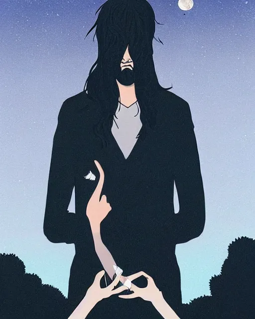 Image similar to portrait of a man with long black hair and beard holding his imaginary bird friend in his hands, full moon in the background, fine portrait, beautiful, concept art, by tomer hanuka