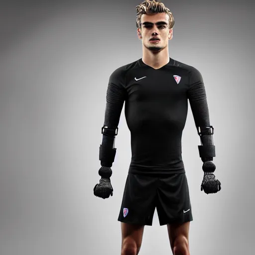 Image similar to a realistic detailed photo of a guy who is an attractive humanoid who is half robot and half humanoid, who is a male android, soccer player antoine griezmann, shiny skin, posing like a statue, blank stare, in a living room, on display, showing off his muscles