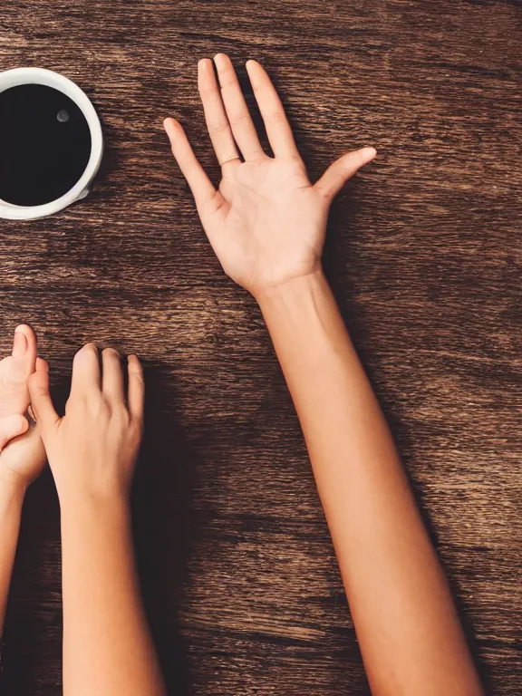 Image similar to an instagram photo of exactly one detailed woman's hand palm up lying on the table, instagram photo, studio photo