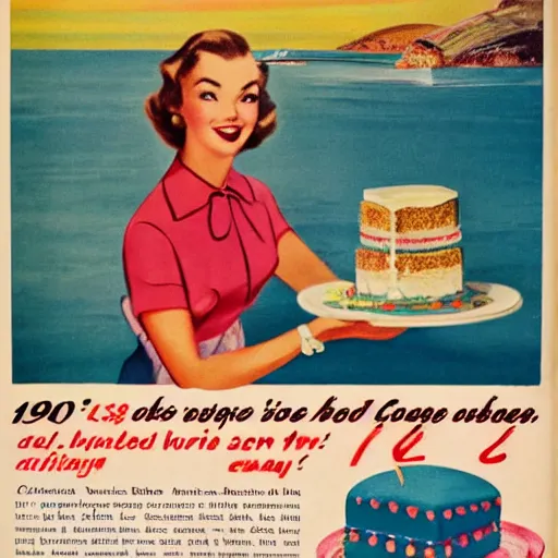 Image similar to 1950s advertisement for cake by the ocean