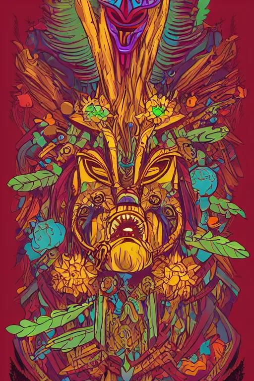 Image similar to animal mask totem roots flower tribal feather gemstone plant wood rock shaman vodoo video game vector cutout illustration vivid multicolor borderlands comics by josan gonzales and dan mumford radiating a glowing aura