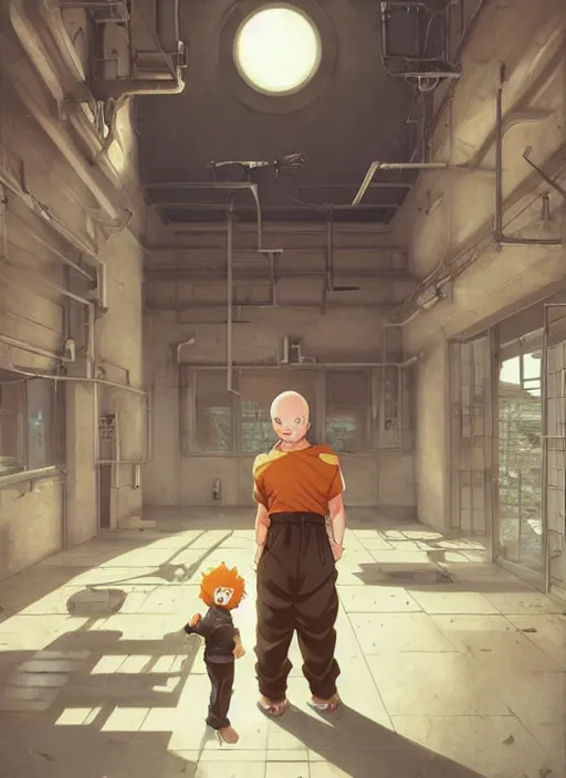 Prompt: highly detailed krillin standing outside building with a window with metal bars and naruto uzumaki with black hair behind them art by greg rutkowski, loish, rhads, ferdinand knab, makoto shinkai and lois van baarle, ilya kuvshinov, rossdraws, tom bagshaw, global illumination, radiant light, detailed and intricate environment