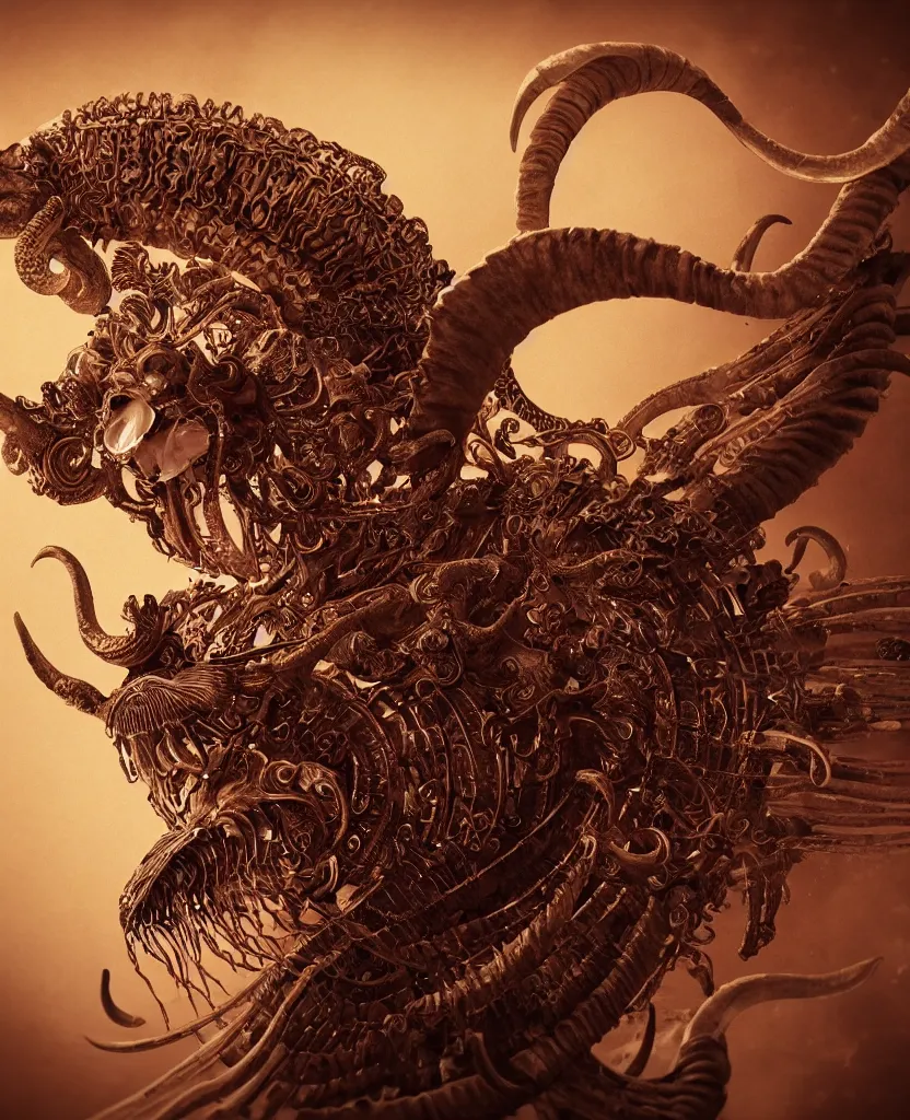 Image similar to close-up macro portrait of the face of a beautiful princess with ram goat satan mask, epic angle and pose, ribcage skeleton symmetrical artwork, 3d with depth of field, blurred background, cybernetic jellyfish female face skull phoenix bird, translucent, nautilus, energy flows of water and fire. a highly detailed epic cinematic concept art CG render. made in Maya, Blender and Photoshop, octane render, excellent composition, cinematic dystopian brutalist atmosphere, dynamic dramatic cinematic lighting, aesthetic, very inspirational, arthouse. y Greg Rutkowski, Ilya Kuvshinov, WLOP, Stanley Artgerm Lau, Ruan Jia and Fenghua Zhong