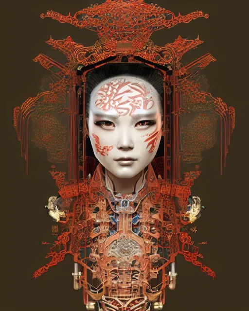 Image similar to portrait of a cyberpunk machine, machine face, upper half portrait, decorated with chinese opera motifs, asian, fine china, wuxia, traditional chinese art, intricate, elegant, highly detailed, symmetry, headpiece, digital painting, artstation concept art smooth sharp focus, illustration, art by artgerm and greg rutkowski alphonse mucha 8 k