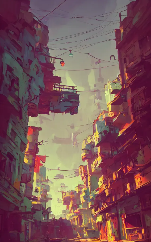 Image similar to an alley at street level in an abandoned city in a fantastic landscape against a ridiculous sky by Anton Fadeev and Simon Stålenhag