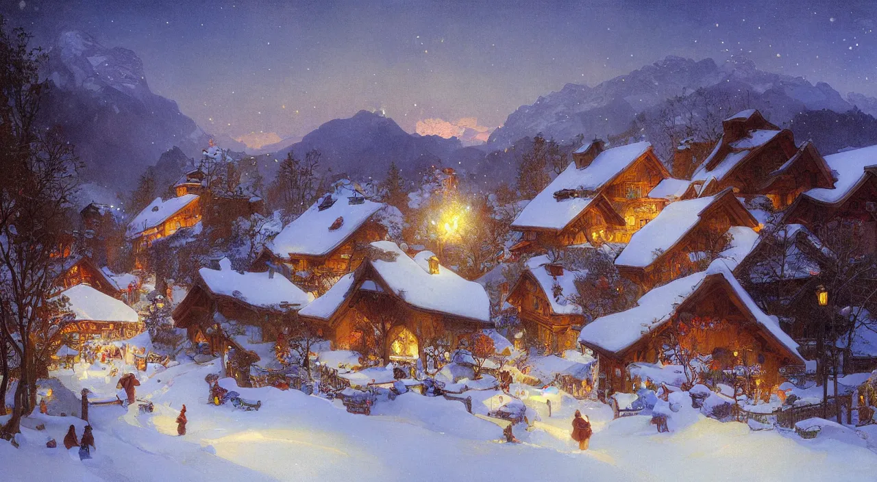 Prompt: A beautiful landscape painting of a small swiss mountain village in the snow at night at Christmas by Alfons Maria Mucha and Julie Dillon and Makoto Shinkai