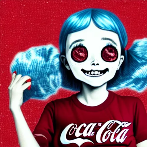 Prompt: digital drawing of the coke logo personified as a soda themed girl in the style of the youtuber lavender towne, large creepy eyes, extremely detailed and colorful eyes, digital art, deviant art, soda themed girl, hyper detailed eyes, money sign pupils, tim burton, scratchy lines, junji ito, her shirt has the coke logo in perfect accuracy