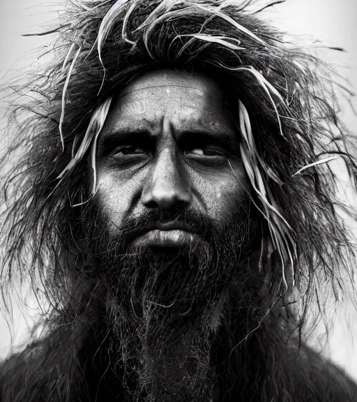 Image similar to Award winning reportage photo of Mauri Natives with incredible hair and beautiful hyper-detailed eyes wearing traditional garb by Lee Jeffries, 85mm ND 5, perfect lighting, gelatin silver process