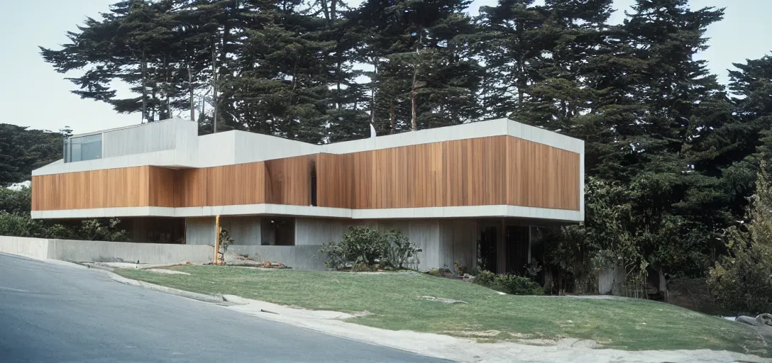 Prompt: new house designed by rem koolhaas. monterey, ca in 2 0 2 2. fujinon premista 1 9 - 4 5 mm t 2. 9. portra 8 0 0.