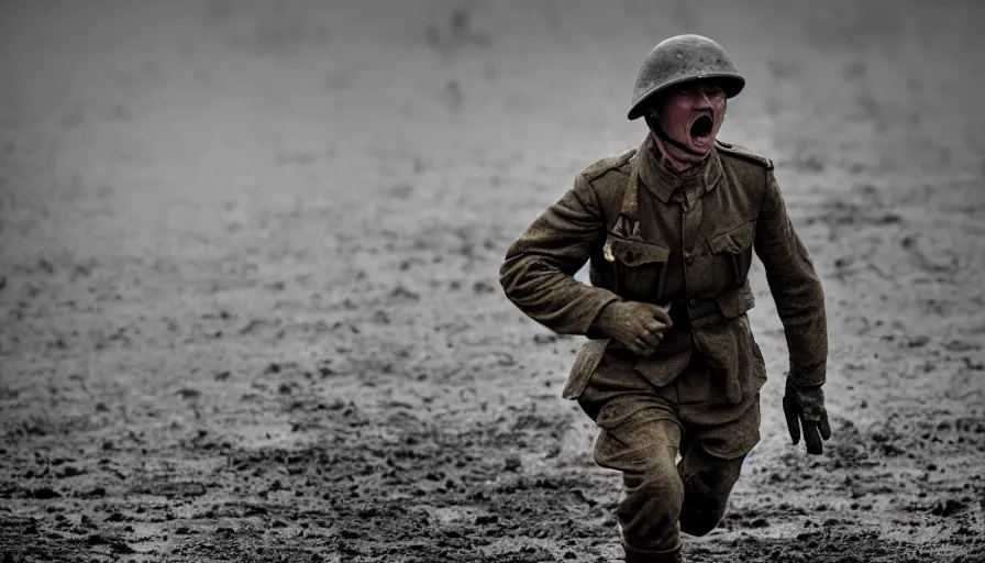 Image similar to screaming World War 1 soldier running away, wartorn landscape, lots of mud puddles and craters, bullets whizzing past camera, dirty lens, cinematic lighting, IMAX close-up of face, cinematography, 35mm