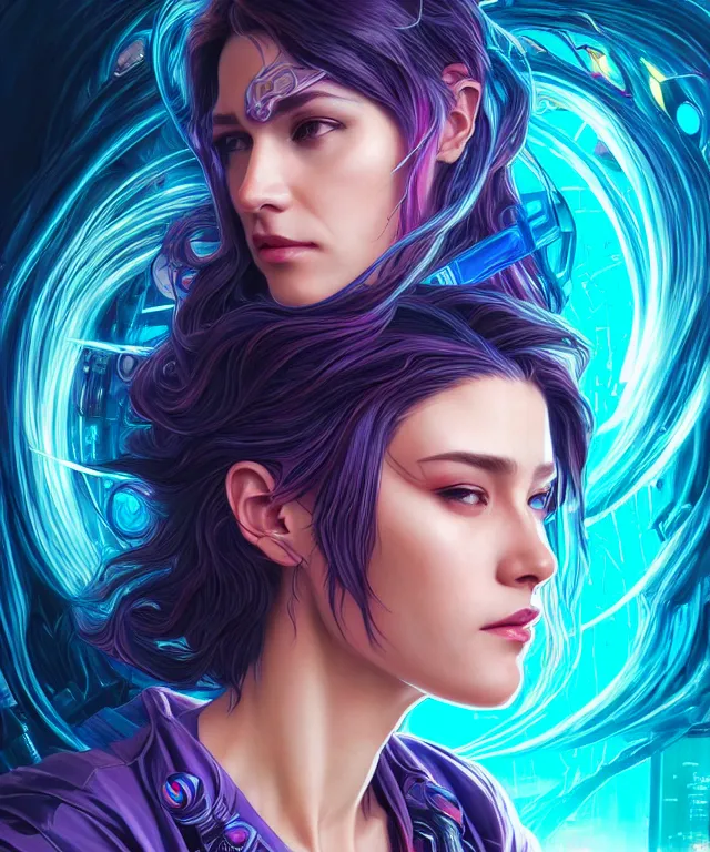 Image similar to beautiful adult woman wearing netrunner clothing, extremely detailed face, cyberpunk, cybernetic, cyborg, vaporwave aesthetic, synthwave, flowing hair, colorful, psychedelic, intricate, elegant, highly detailed, digital painting, artstation, concept art, smooth, sharp focus, illustration, art by artgerm and greg rutkowski and alphonse mucha