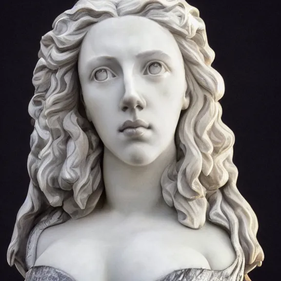 Prompt: a white art nouveau marble and silver sculptural bust of a worried young scarlett johansson as joan of arc, wearing plate armor, delicate, intricate, smooth, beautiful, by charles van der stappen