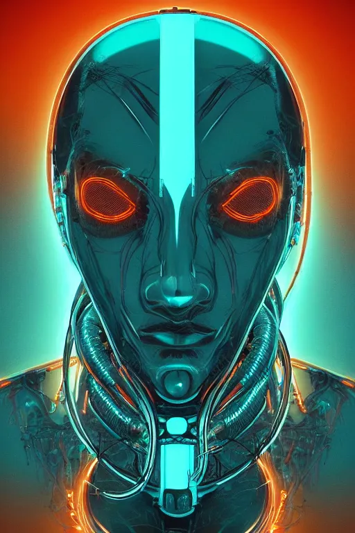Prompt: organic cyborg head wrapped in barb wire by Jamie Coreth, trending on artstation, centered, symmetrical, cinematic lighting, teal and orange, bilateral symmetry, 80s poster, polished, thick smoke, retro dark vintage sci-fi, 2D matte illustration