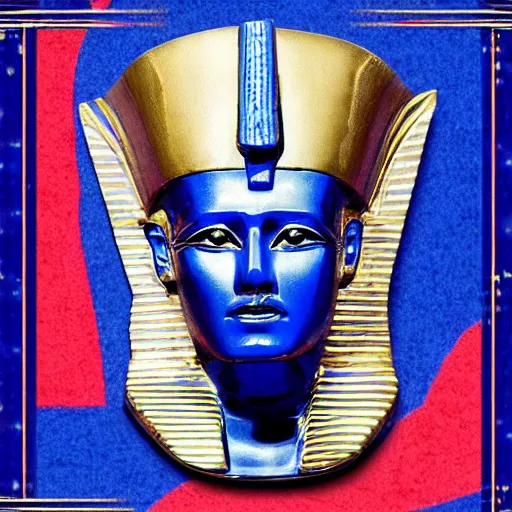 Image similar to a pharaoh with the face of donald trump, majestic, blue, red, powerful