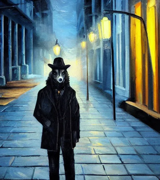 Image similar to wolf detective in a raincoat and a hat standing in a empty alley, smoking a cigarette, being illuminated by yellow street lights behind. oil painting. trending on artstation.