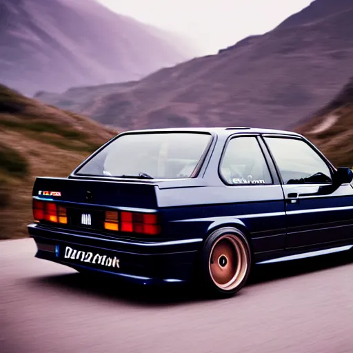 Image similar to a rear shot of a modified bmw e 3 0 with lights on a mountain road, motion blur, 3 5 mm photography, car photography, clean lines, realistic