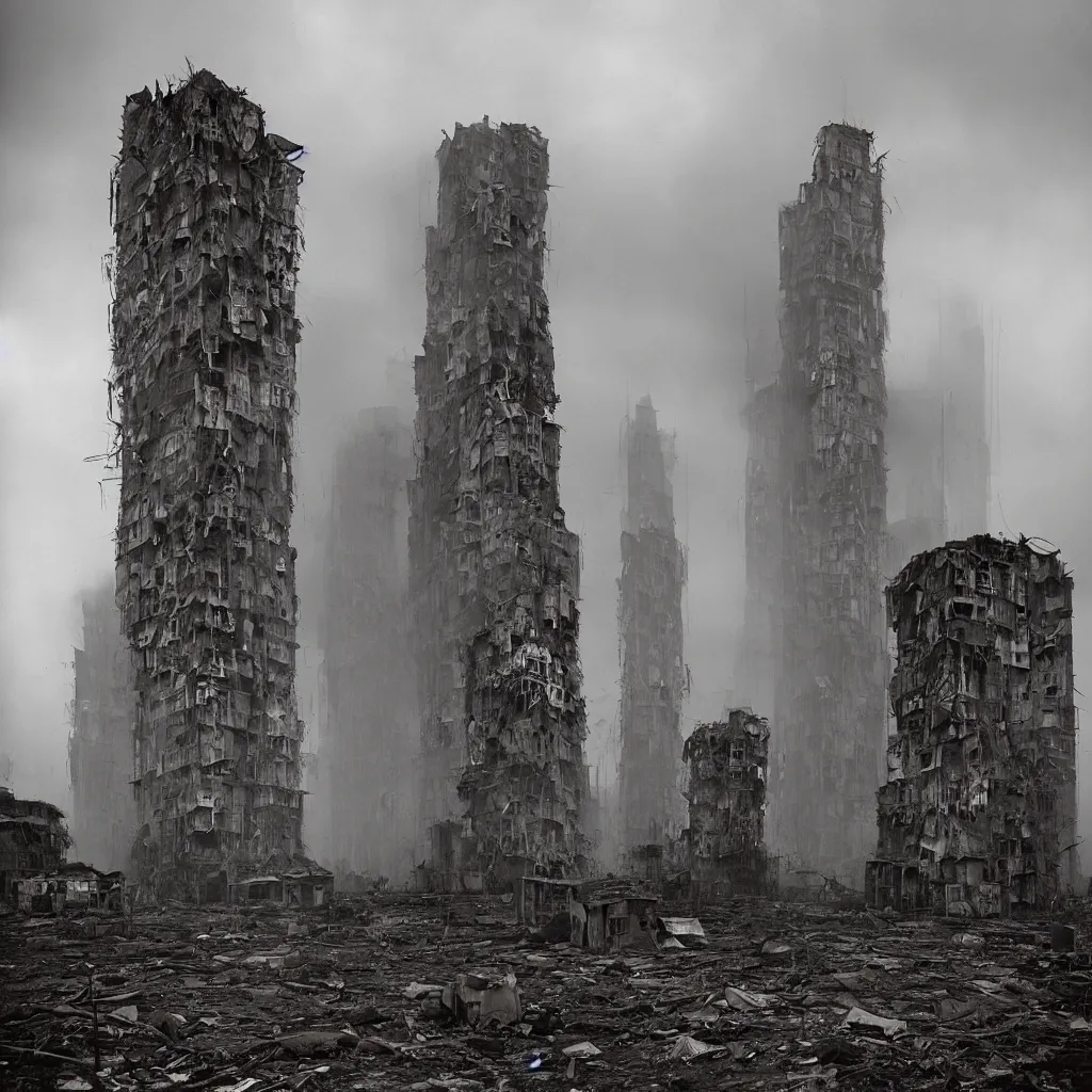 Prompt: tall towers, made up of makeshift squatter housing with faded colours, apocalyptic sky, misty, dystopia, mamiya rb 6 7, fully frontal view, ultra sharp, very detailed, photographed by terry gilliam