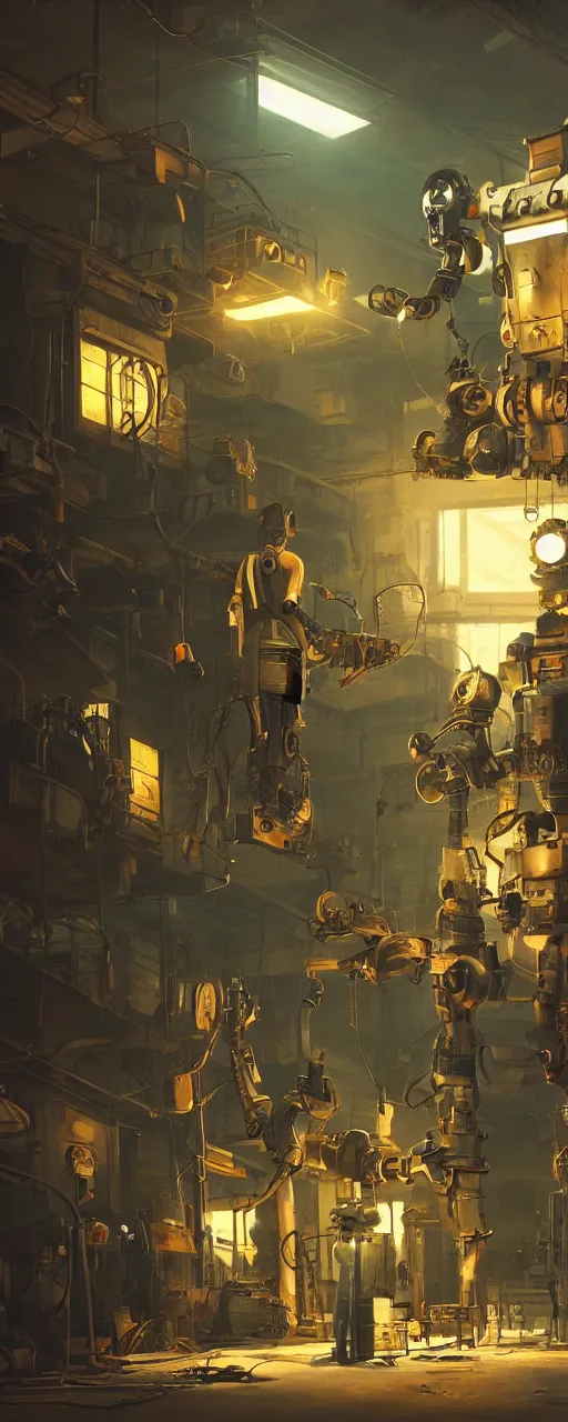 Image similar to realistic dieselpunk robot repair workshop, neon glow, volumetric lighting, strong shadows, reflections, high contrast, glowing robot motifs, octane render, bladerunner, loish, cinematic