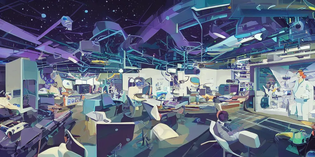 Image similar to retrofuturistic innovation hub for startups and small businesses working with virtual reality, augmented reality, AI, 5G and crypto by syd mead and ron cobb