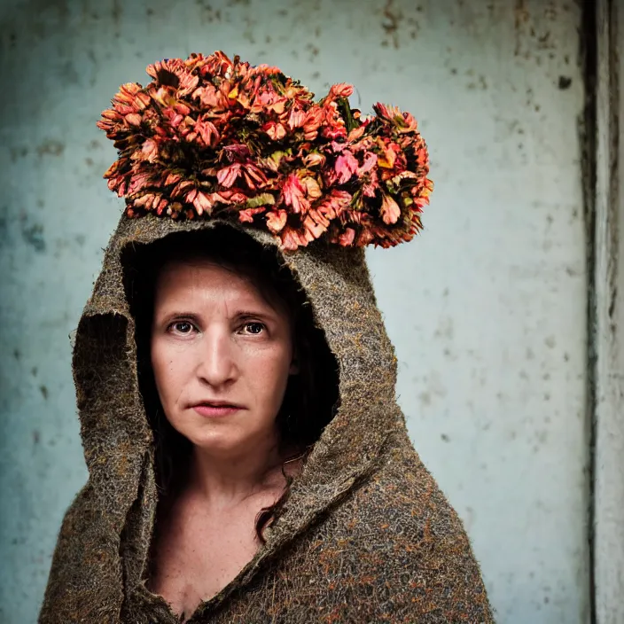 Prompt: a closeup portrait of a woman wearing a hooded cloak made of zinnias and barbed wire, in a derelict house, by Charlotte Grimm, natural light, detailed face, CANON Eos C300, ƒ1.8, 35mm, 8K, medium-format print