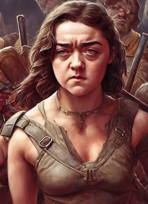 Image similar to angry Maisie Williams leading the charge as a ruggedly muscled handsome heroine, intricate, elegant, highly detailed, centered, digital painting, artstation, concept art, smooth, sharp focus, illustration, artgerm, donato giancola, Joseph Christian Leyendecker, WLOP, Artgerm