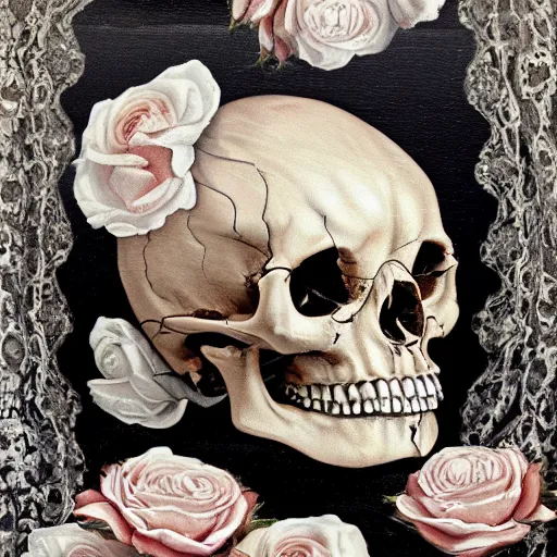 Prompt: a detailed gritty looking baroque still life oil painting of a human skull with white roses coming out of the eye sockets and and shining white diamonds sitting inside the roses, dark black rippling lace curtains behind