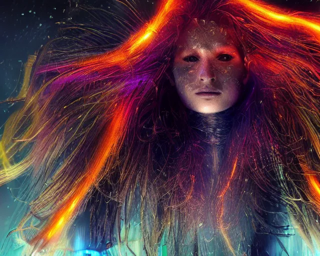 Image similar to glowing hair, complex cybernetic beings, beautiful hairy humanoids, cybermagnetosphere, cybernetic civilizations, ornate hair, love, joy, vortexes, large arrays, data holograms, 8 k, cinematic light shadows, wet hdr refractions, *, * * *, * * * * *