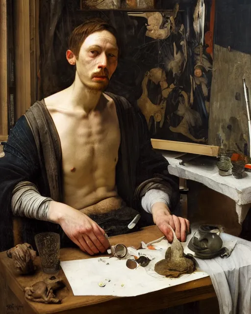 Prompt: an exhausted painter in his studio by edgar maxence and caravaggio and michael whelan, intricate painting, hyper realistic, extremely detailed and beautiful aesthetic face, 8 k resolution